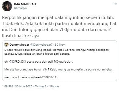 Komentar Ima Mahdiah soal gaji DPRD DKI Jakarta Rp 700 juta/bulan (Twitter/imadya)