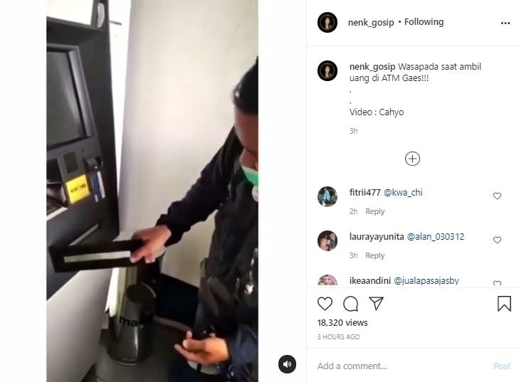 Video modus baru penipuan di ATM. (Instagram/nenk_gosip)