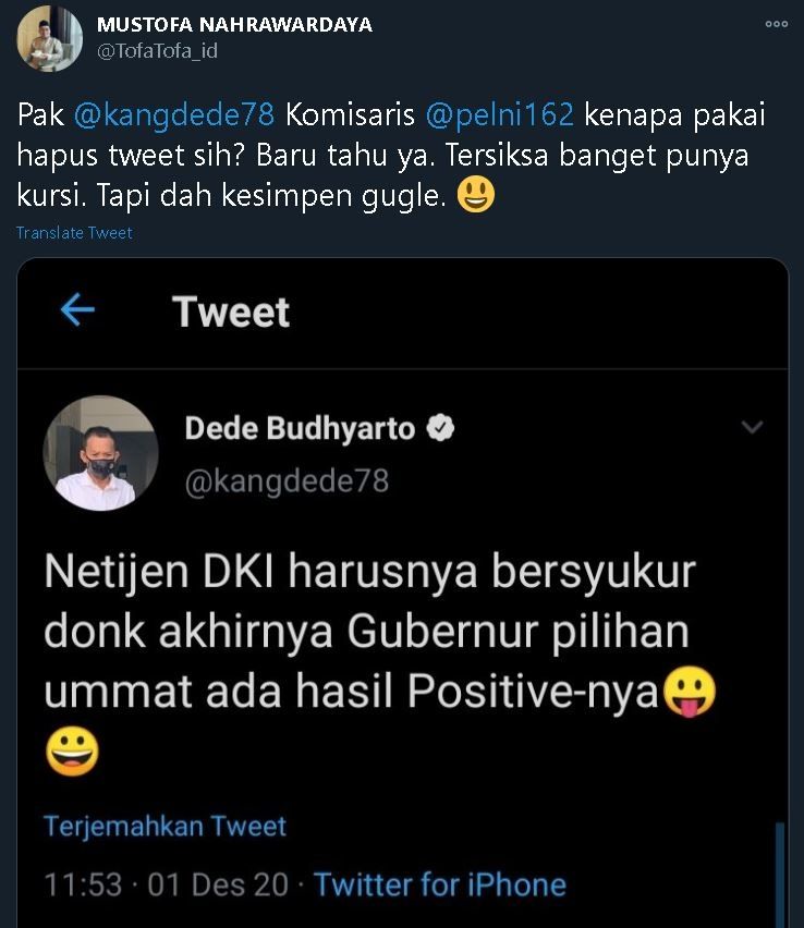 Kicauan Mustofa Nahra menanggapi cuitan Kang Dede.(Twitter)