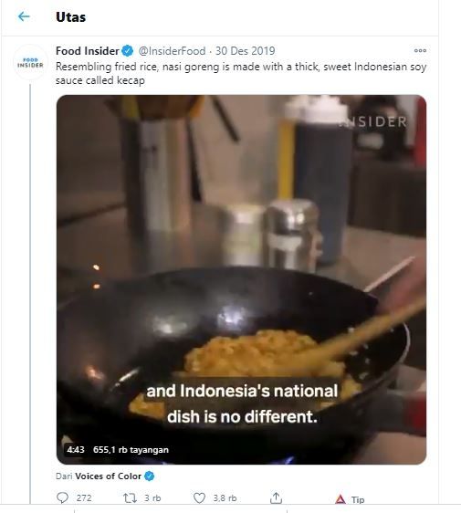 Situs berita kuliner luar negeri menyebut nasi goreng menyerupai fried rice (Twitter @InsiderFood)