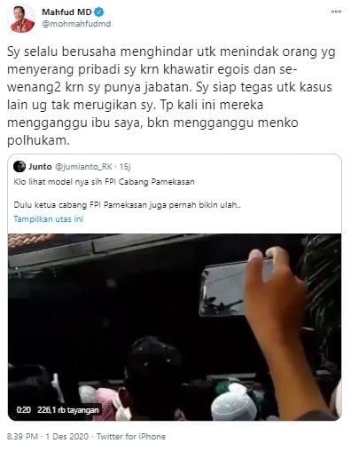 Curhat Mahfud MD usai rumahnya di Pamekasan dikepung (Twitter/mohmahfudmd)