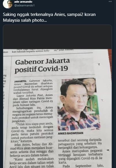 Koran Malaysia beritakan Gubernur DKI positif Covid-19 tapi fotonya Ahok. [adearmando1 /twitter]