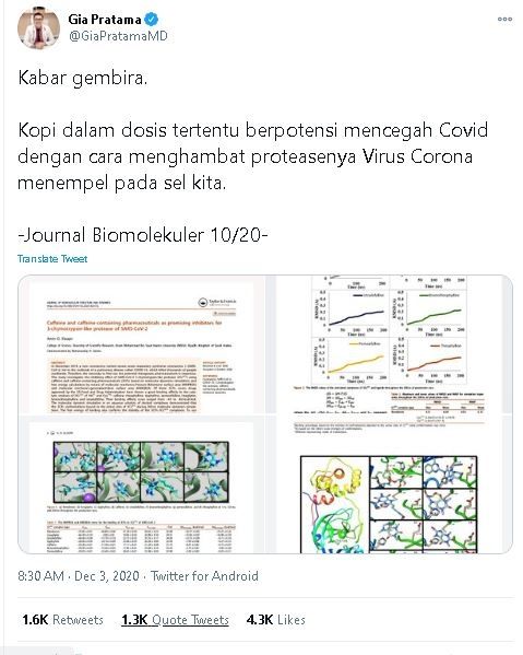 Cuitan dr. Gia soal kopi mencegah Covid-19. (Twitter.com/@GiaPratamaMD)