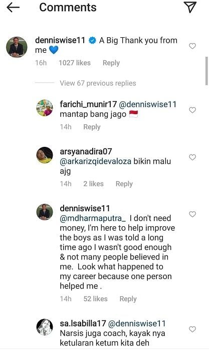 Komentar Dennis Wise di postingan Bagus Kahfi.