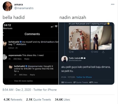 Nadin Amizah Dibandingkan dengan Bella Hadid. (tangkap layar Twitter)