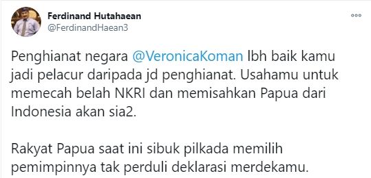 Cuitan Ferdinand soal Veronica Koman dan kemerdekaan Papua. - (Twitter/@FerdinandHaean3)