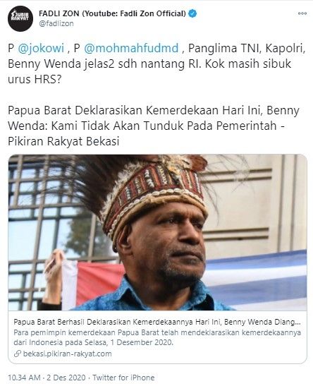 Fadli Zon kritik pemerintah sibuk urus HRS saat Papua Barat deklarasi merdeka (Twitter/fadlizon)