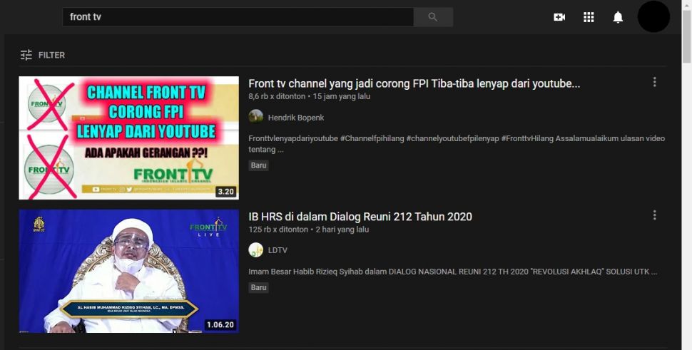 Akun YouTube Front TV Hilang (YouTube).