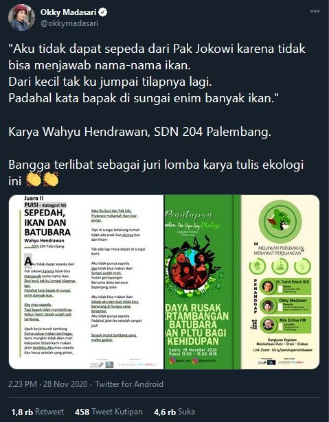 Akun twitter @okkymadasari mengunggah puisi karya Wahyu Hendrawan (twitter.com/okkymadasari)