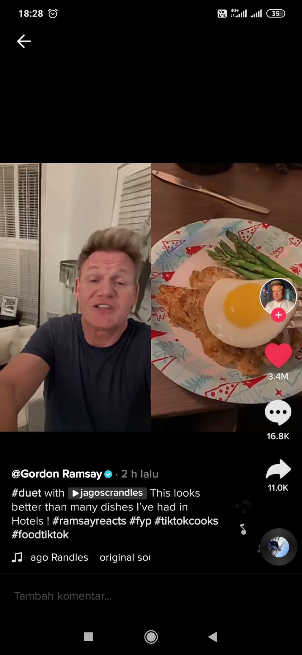 Gordon Ramsay bereaksi tentang video memasak di kamar hotel (TikTok @gordonramsayofficial)