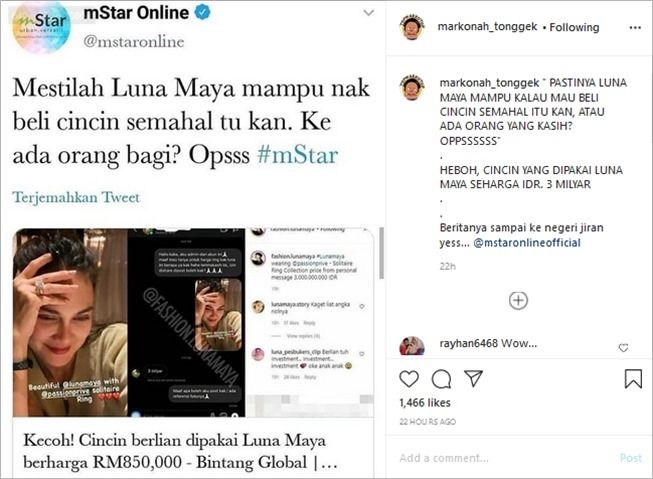 Luna Maya disorot media Malaysia gara-gara pakai cincin Rp3 miliar. (Instagram/@markonah_tonggek)