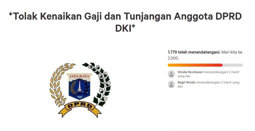 Petisi Tolak Kenaikan Gaji dan Tunjangan Anggota DPRD DKI Jakarta 1 (Change.org).