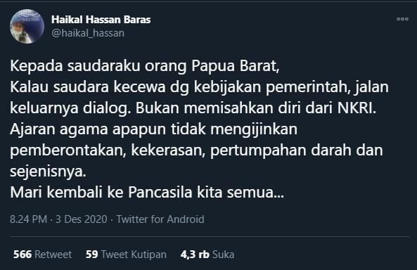 Babe Haikal soal Papua Barat. (Twitter/@haikal_hassan)