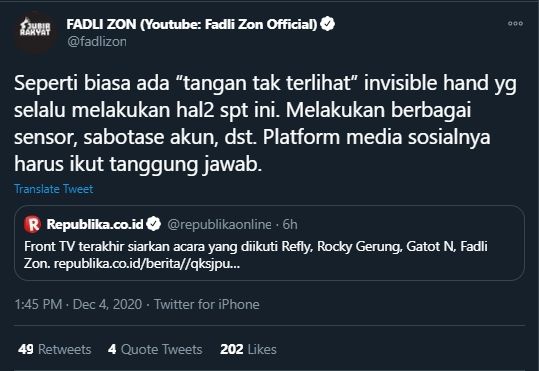 Cuitan Fadli Zon Soal Hilangnya Akun YouTube FPI (Twitter/FadliZon).