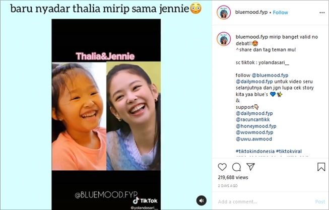 Thalia Putri Ruben Onsu disebut mirip Jennie BLACKPINK. (Instagram/@bluemood.fyp)