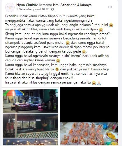 Viral Wanita Membangun Bisnis dari Nol dengan Suami, Berakhir Diselingkuhi (facebook.com/Nyun Chubiie)