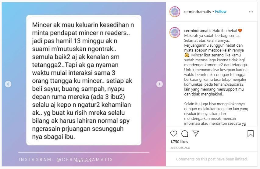 Curhat Ibu Hamil Diatur-atur Tetangga (instagram.com/cermindramatis)