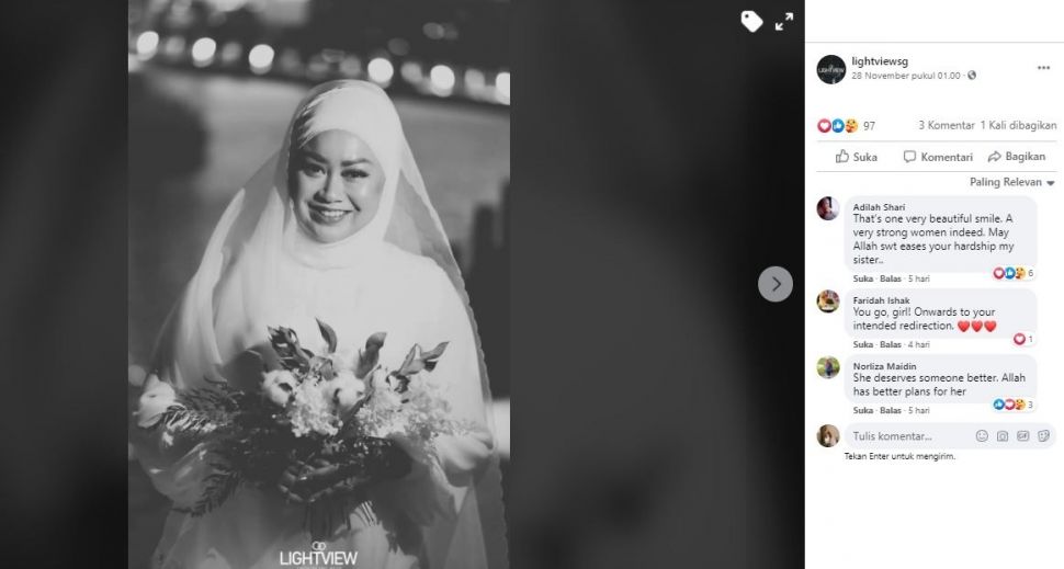 Viral Pengantin Wanita Ditinggal Calon Suami 3 Minggu sebelum Menikah (facebook.com/lightviewsg)