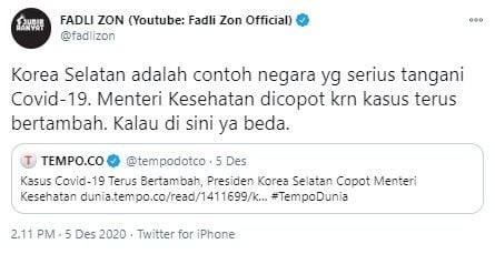 Fadli Zon soroti beda Korsel dan RI tangani Covid-19 (Twitter/fadlizon)