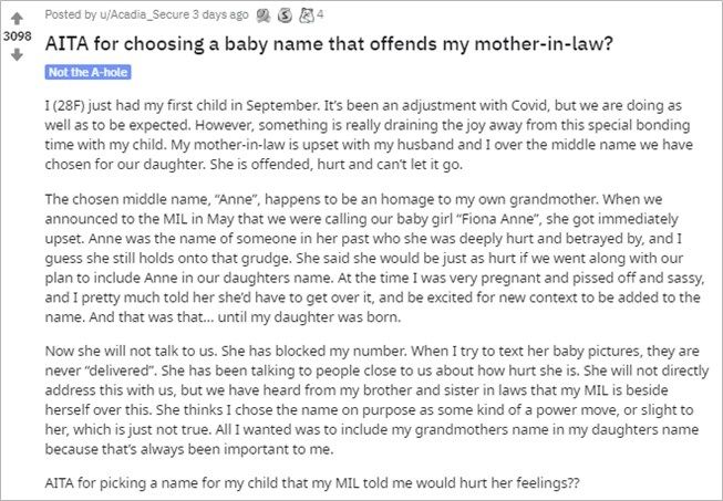 Wanita ini curhat dimusuhi ibu mertua gara-gara nama anak. (Reddit/Acadia_Secure)