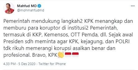 Mahfud MD apresiasi KPK ciduk menteri terjerat korupsi (Twitter/mohmahfudmd)