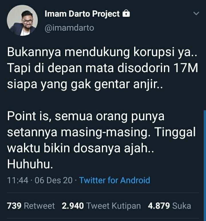 Kicauan Imam Darto soal korupsi. (Twitter/@imamdarto)