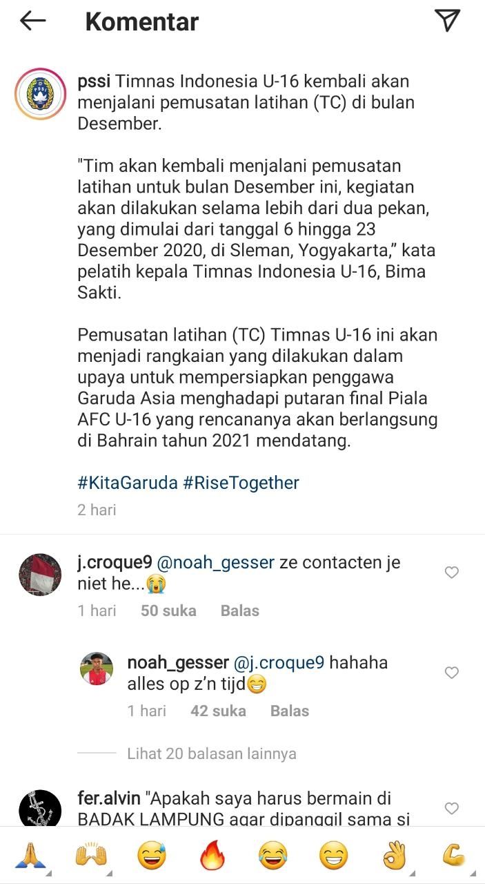 Jim Croque (Vitesse U-18) dan Noah Gesser (Ajax Youth) berkomentar di kolom komentar PSSI. (Instagram/@pssi).