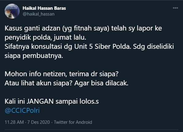 Haikal Hassan soal azan hayya alal jihad. (Twitter/@haikal_hassan)