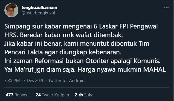 Cuitan Tengku Zul soal FPI. (Twitter/@ustadtengkuzul)