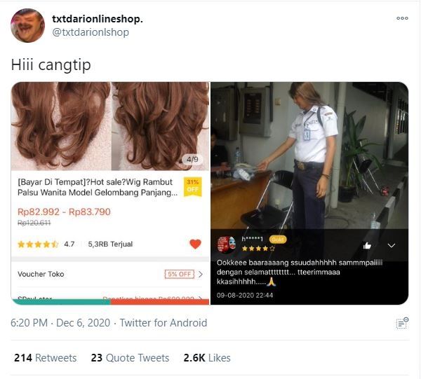 Viral Satpam Pakai Wig dari Toko Online (twitter.com/txtdarionlshop)