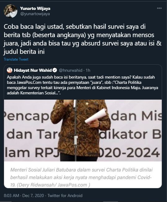 Debat Panas Yunarto Wijaya dan Hidayat Nur Wahid (Twitter/YunartoWijaya)