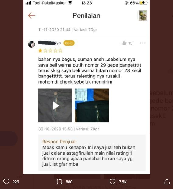 Viral pembeli salah lapak toko online saat kasih review (twitter.com/txtdarionlshop)