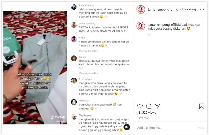 Viral Pria Tak Suka Dapat Kado Barang Diskon (instagram.com/tante_rempong_offficial)