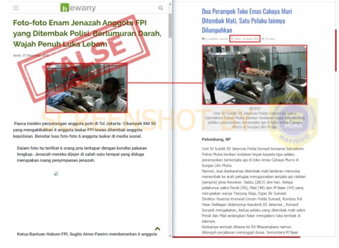 Cek fakta beredar foto 6 jenazah FPI berlumuran darah. (turnbackhoax.id)