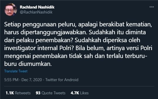 Cuitan Rachland Nashidik soal Tragedi Berdarah FPI (Twitter/RachlandNashidik).