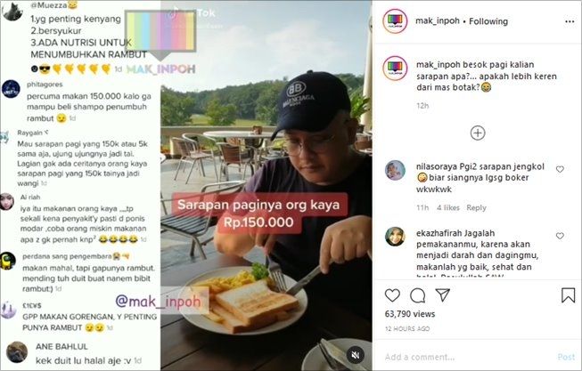 Viral pria pamer sarapan orang kaya seharga Rp150 ribu. (Instagram/@mak_inpoh)