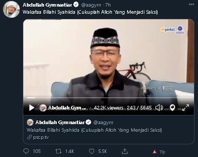 Aa Gym tanggapi bentrok polisi vs FPI. (Twitter/@aagym)