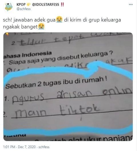 Jawaban tak terduga soal tugas ibu di rumah. (Twitter/schfess)