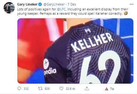 Gary Lineker meledek Liverpool yang salah menuliskan nama Kelleher di jerseynya. (Twitter/@GaryLineker).