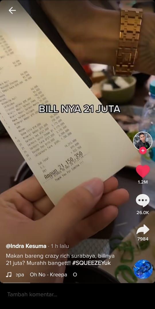 Habiskan Rp 21 Juta untuk makan, crazy rich ini anggap murah (TikTok @indrakenz)