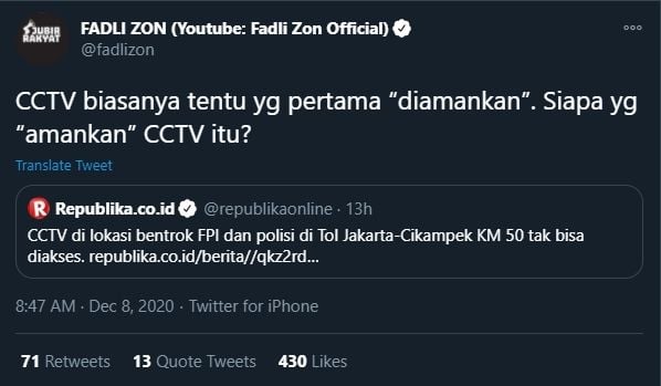 Fadli Zon Mengutuk Penembakan Laskar FPI, Mencari Sosok yang Mengamankan CCTV (Twitter/FadliZon).