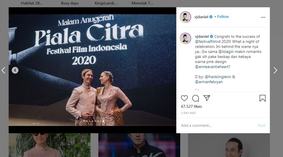 Daniel Mananta dan istrinya, Viola Maria hadiri acara malam anugerah FFI 2020 [Instagram/vjdaniel]