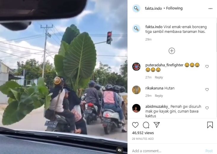 Video ibu-ibu bonceng tiga sambil bawa tanaman segede gaban. (Instagram/fakta.indo)