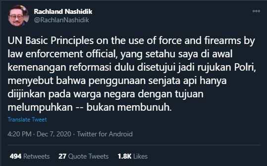 Cuitan Rachland Nashidik soal Tragedi Berdarah FPI (Twitter/RachlandNashidik).