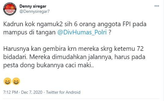 Cuitan Denny Siregar soal tewasnya 6 laskar FPI . (Twitter/Dennysiregar7)