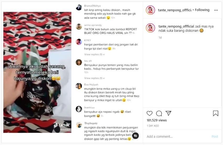 Viral Pria Tak Suka Dapat Kado Barang Diskon (instagram.com/tante_rempong_offficial)