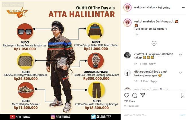Outfit mahal Atta Halilintar. (Instagram/@real.dramahaluu)