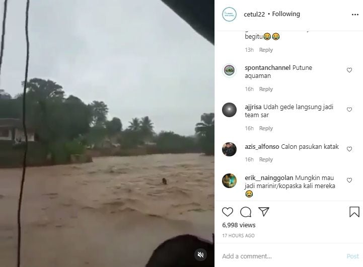 Video bocah nekat terjun ke sungai yang meluap. (Instagram/cetul22)