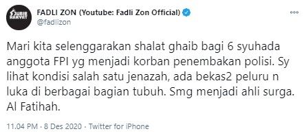 Fadli Zon serukan salat ghaib untuk enam anggota FPI (Twitter/fadlizon)