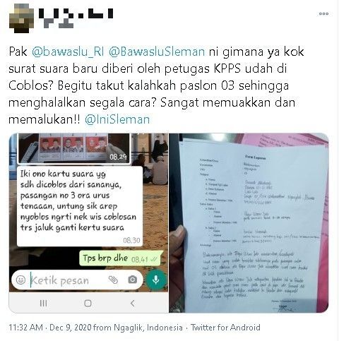 Temuan surat suara baru Pilkada Sleman sudah tercoblos - (Twitter)